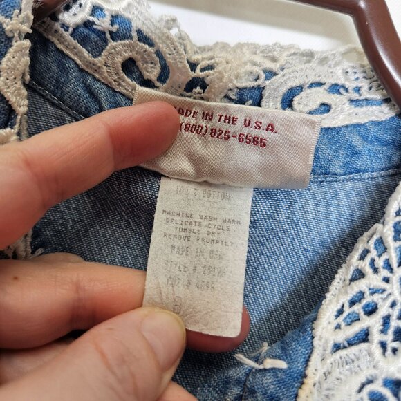 Vintage Storybook Heirloom Childs Denim Midi Dress Lace Collar Floral USA Size 8 - Picture 6 of 11